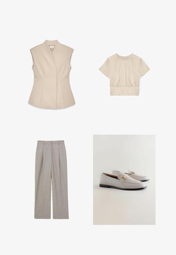 Beige ærmeløs top med en struktureret design, der har en dyb V-udskæring, skræddersyede sømme og en tætsiddende silhuet. Glat, poleret tekstur.; Beige kortærmet bluse med rund halsudskæring, rynket stofdetalje foran og linning forneden.; Lys grå, vide bukser med plisseret front, lavet af et tekstureret stof. Har bæltestropper og sidelommer, skræddersyet design.; Lys grå læder loafers med et strømlinet design, der har guldfarvet detaljer og en sort sål. Glat tekstur og spids tåform.