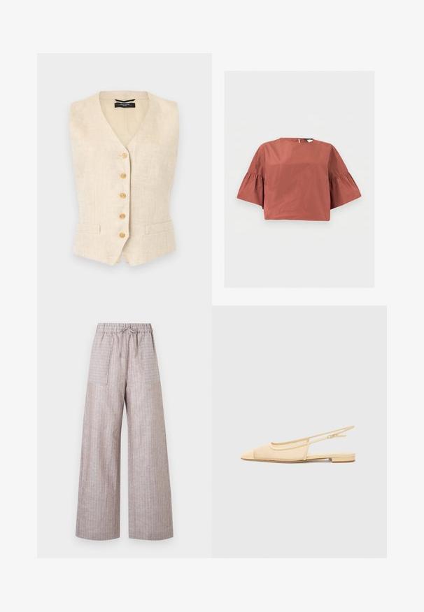 Veste sans manches en lin beige avec cinq boutons en bois sur le devant et deux petites poches avant, coupe ajustée avec col en V.; Blouse courte de couleur rouille avec des manches larges à volants arrivant aux coudes et une petite fermeture par bouton dans le dos.; Pantalon large marron clair avec fines rayures blanches verticales, taille élastique, cordon de serrage et poches plaquées à l'avant.; Chaussure plate slingback en beige clair avec une tige en maille, un bout pointu et un petit talon. Dotée d'une sangle ajustable pour un bon maintien.