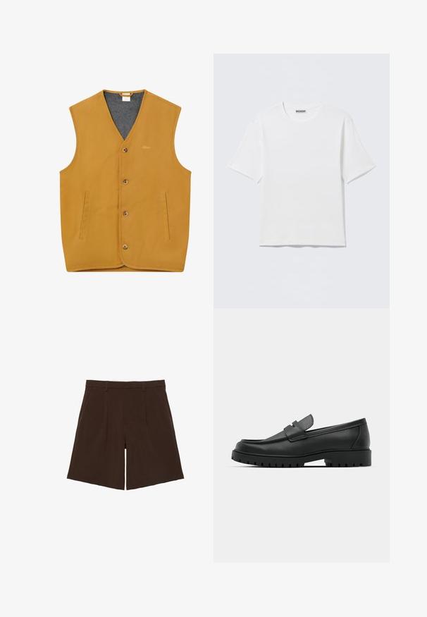 Gilet sans manches jaune moutarde avec boutons sur le devant, deux poches fendues verticales et une doublure intérieure grise, taille XL.; T-shirt blanc uni à manches courtes et col rond, avec une petite étiquette "WEEKDAY" à l'intérieur du col arrière, présenté à plat.; Shorts marron foncé coupés au genou, cintrés avec passants de ceinture et plis sur le devant, présentés à plat sur fond blanc.; Mocassins en cuir noir à bout arrondi, avec un design cousu, une semelle plateforme basse et une semelle en caoutchouc texturée et crantée.