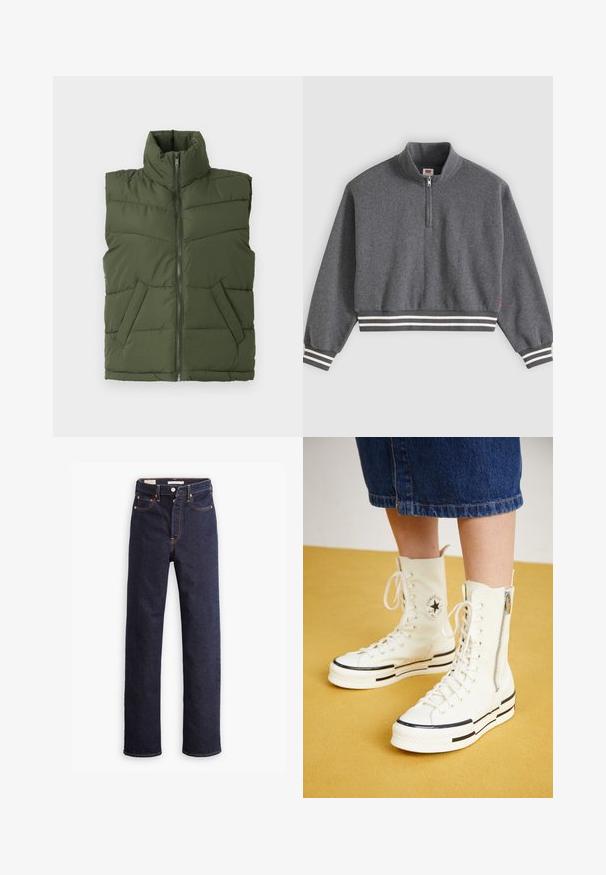 Olivet grøn polstret vest med høj krave, lynlås foran og sidelommer. Diamantsyet mønster tilføjer tekstur og struktur.; Mørkegrå cropped sweatshirt med kvartlynlås, høj krave, lange ærmer og stribede ribkanter ved ærmer og kant.; Mørkeblå straight-leg denim jeans med fem lommer og synlig orange syning på hvid baggrund.; Hvide høj-top sneakers med lynlåslukning, snørresystem og sorte striber på en tyk sål. Tekstureret kanvasmateriale.