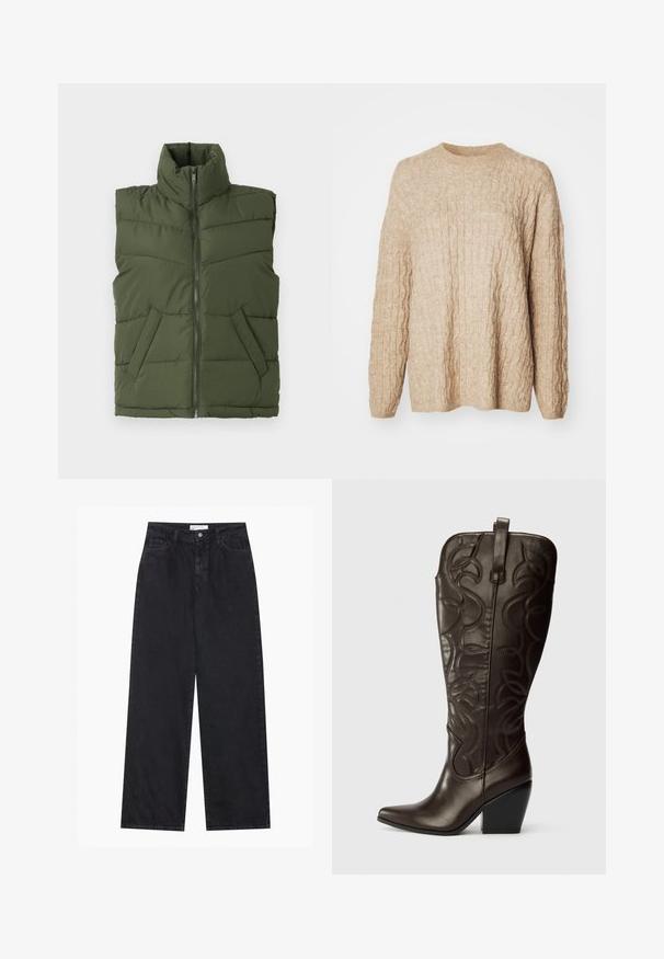 Olivet grøn polstret vest med høj krave, lynlås foran og sidelommer. Diamantsyet mønster tilføjer tekstur og struktur.; Beige strikket sweater med et tekstureret kabeldesign, rund halsudskæring og lange ærmer. Stoffet ser blødt og chunky ud.; Sorte højtaljede bredbenede denimjeans med frontknap og lynlås, bæltestropper og fem-lomme stil.; Brune læder cowboy støvler med stikningsdetaljer, spidse tæer og blokhæl. Pyntet med bladlignende mønstre.