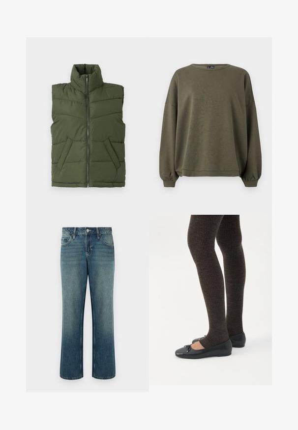 Õlivihroline polsterdatud vest kõrge kraega, ees lukuga ja küljetaskutega. Teemanttikanditud muster lisab tekstuuri ja struktuuri.; Olive rohelise värvi pullover-sweater, mis on valmistatud pehmest kangast, omab ümmargust kaelust, pikki varrukaid elastsete mansettidega ja mugavat lõiget.; Sinised teksaseotud püksid sirge lõikega, keskmise kõrgusega vöökohaga, viie taskuga ja õrna pleekimisega. Nööpidega kinnitamine ja vöökohtadega.; Jalad seljas tumedad soonelises soonelises kombines mustade baleriinadega, millel on väikesed paelade detailid valgel taustal.