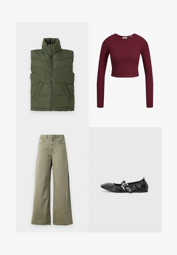 Olivet grøn polstret vest med høj krave, lynlås foran og sidelommer. Diamantsyet mønster tilføjer tekstur og struktur.; Bordeaux crop top, lange ærmer, ribbet tekstur, rund halsudskæring, blødt materiale, tætsiddende design. Etiketter vist ved halsen.; Højtaljede, olivengrønne vide jeans med frontknap, lynlås og fem lomme-design på en hvid baggrund.; Sorte læder flade sko med spids tå, samling detaljer omkring åbningen, og en sølv spænde accent på den justerbare rem.