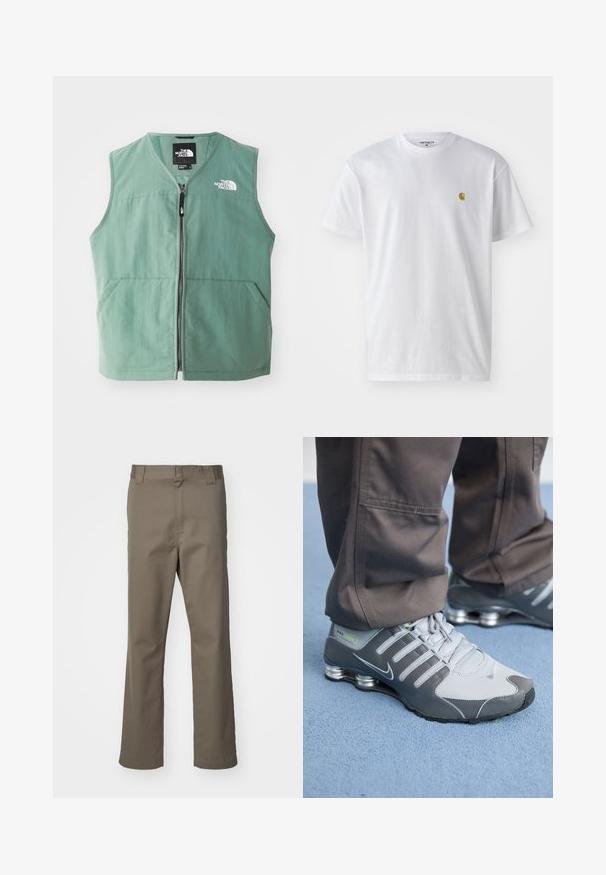 Grøn ærmeløs vest med lynlås foran, to forlommer og et logo på venstre bryst. Fremstillet af letvægtsstof med mat finish.; Hvid bomulds t-shirt med korte ærmer, rund hals og et lille guld logo på venstre brystområde. Blød tekstur og almindelig pasform.; Brune lige bukser med bæltestropper, frontlynlås og uden synlige lommer, præsenteret på en hvid baggrund.; Grå og sølv Nike Shox sneakers har et slankt design med mesh og syntetiske materialer, en rund tå og en polstret krave.
