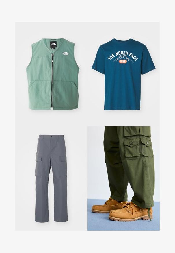 Grøn ærmeløs vest med lynlås foran, to forlommer og et logo på venstre bryst. Fremstillet af letvægtsstof med mat finish.; The North Face M VARSITY GRAPHIC RELAXED SS TEE - T-shirts print - midnight petrol; Grå cargo-bukser lavet af holdbart stof. Funktioner inkluderer en elastisk talje, to store sidelommer og en lige benudskæring.; Timberland AUTHENTIC 3 EYE - Sejlersko - wheat