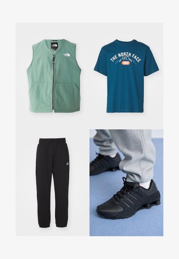 Grøn ærmeløs vest med lynlås foran, to forlommer og et logo på venstre bryst. Fremstillet af letvægtsstof med mat finish.; The North Face M VARSITY GRAPHIC RELAXED SS TEE - T-shirts print - midnight petrol; Sorte sweatpants lavet af blødt stof, med en elastisk talje med snor, manchetter ved anklerne og et lille logo på det øverste lår.; Person iført sorte Nike Shox sneakers og grå joggingbukser, der står på lyseblåt tæppe.