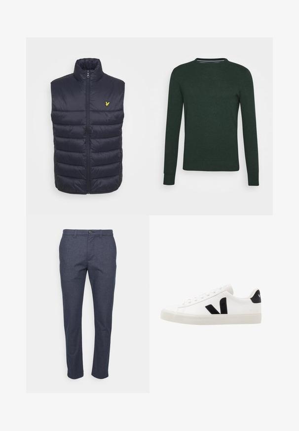 Chaleco acolchado azul marino con un cuello alto, cremallera delantera y costuras horizontales. Presenta un pequeño logo amarillo en la parte izquierda del pecho.; Suéter de punto verde oscuro con cuello redondo, mangas largas y puños y dobladillo acanalados. Textura suave sin patrones o acentos visibles.; Pantalones a medida para hombre en azul oscuro con trabillas para cinturón, cierre de botón y ajuste recto y estrecho en la pierna sobre fondo blanco.; Zapatilla de cuero blanca con acentos de ante negro; presenta una suela de goma, puntera redonda y un diseño clásico de cordones. Logo lateral en negro.