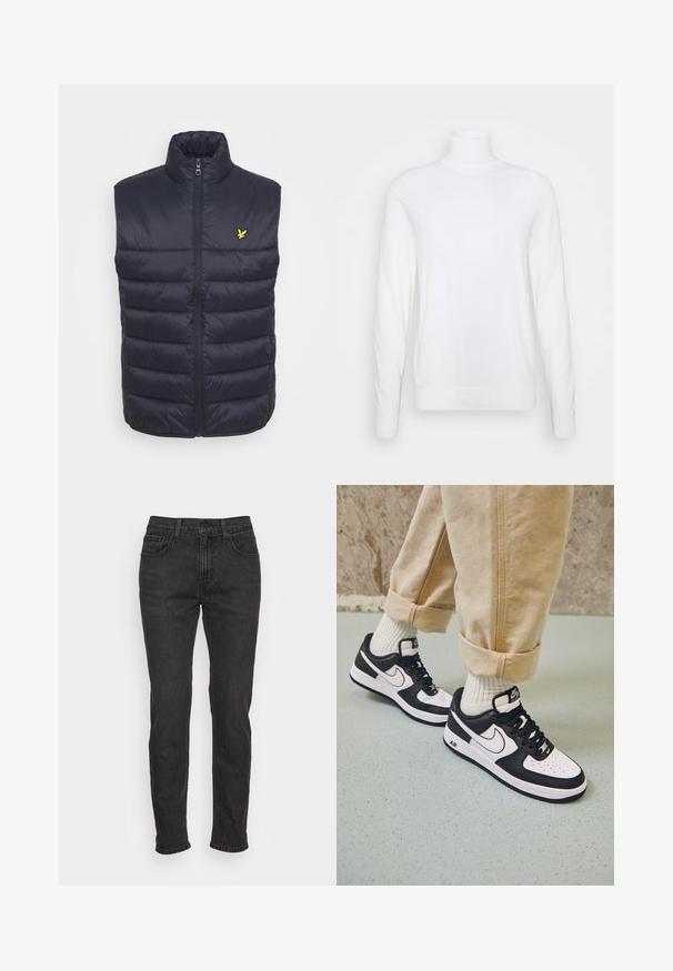 Marineblå polstret vest med høj krave, frontlynlås og vandret syninger. Har et lille gult logo på venstre brystområde.; Hvid turtleneck sweater med lange ærmer, lavet af glat stof. Har et tætsiddende design og ribbede manchetter og kant. Ingen mønstre eller accenter.; Sorte denimjeans med en tætsiddende pasform, som har fem lommer, bæltestropper og diskrete syninger. Slidt tekstur langs stoffet.; Sorte og hvide Nike Air Force 1 sneakers med læderoverdel, perforeret tå og tekstureret såldetalje, båret med rullede beige bukser og hvide sokker.