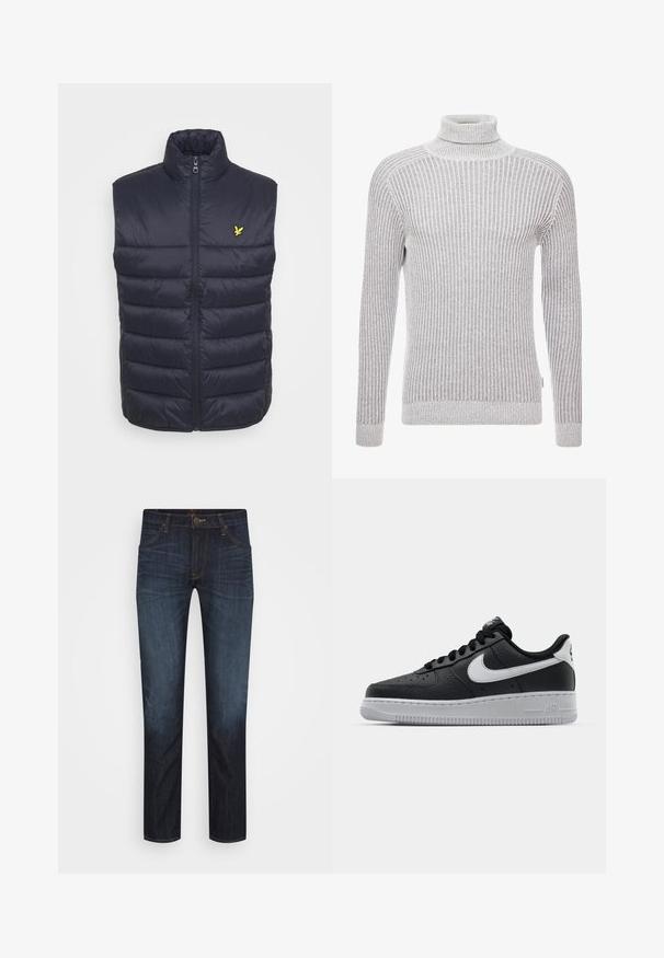 Tumes sinine polsterdatud vest kõrge kaelusega, esipaneelil lukuga ja horisontaalsete õmblustega. Vasakul rinnal on väike kollane logo.; Hallide ribane turtleneck-sviiter pika varrukaga, millel on tekstuuriga muster ning sobiv siluett kaela ja mansettide juures.; Tumesinised kitlid teksapüksid esitaskute, vööaasade ja nähtavate õmblustega, lamades tasapinnal valgel taustal.; Must musta sneaker tekstureeritud pinnaga, valge Nike logo, hall tald, ümar varv ja paeltega disain. Omab perforatsioone varbakasti peal.