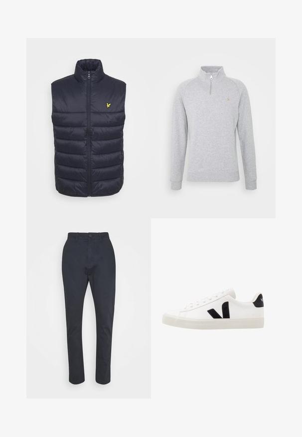 Marineblauwe gewatteerde vest met hoge kraag, eenrits aan de voorkant en horizontale stiksels. Bevat een klein geel logo op de linkerborst.; Grijze zip-up sweatshirt met een hoge kraag, ribgebreide manchetten en een klein geel logo op de borst. Gemaakt van zachte, gestructureerde stof.; Marineblauwe taps toelopende broek van lichtgewicht katoen; beschikt over een knoopsluiting en een standaard vijf-pocket ontwerp.; Witte leren sneaker met zwarte suède accenten; voorzien van een rubberen zool, ronde neus en een klassieke vetersluiting. Zijkant met logo in het zwart.