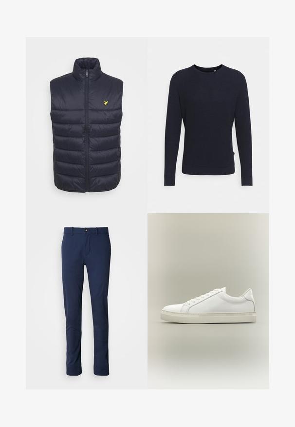 Chaleco acolchado azul marino con un cuello alto, cremallera delantera y costuras horizontales. Presenta un pequeño logo amarillo en la parte izquierda del pecho.; Jersey de punto azul marino con un patrón texturizado, cuello redondo y mangas largas. Cuenta con puños y dobladillo acanalados para una silueta ajustada.; Pantalones azul marino de tela suave, con un diseño de pierna recta, cierre de cremallera y un único bolsillo frontal con cierre de botón.; Zapatilla blanca de perfil bajo con cordones en la parte delantera y suela gruesa, mostrada de lado sobre un fondo neutro.