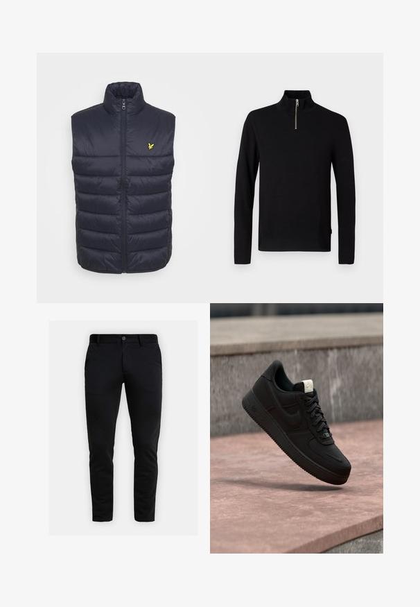 Marineblå polstret vest med høj krave, frontlynlås og vandret syninger. Har et lille gult logo på venstre brystområde.; Sort langærmet sweater med høj krave og en kort sølv lynlås i midten foran.; Slimfit sorte bukser med bæltestropper, frontlukning med knap og sidelommer, præsenteret mod en lys grå baggrund.; Sort Nike Air Force 1 sneaker, der svæver over en lyserød betonforkant med en grå stenet baggrund, som viser sidde- og topdetaljer.