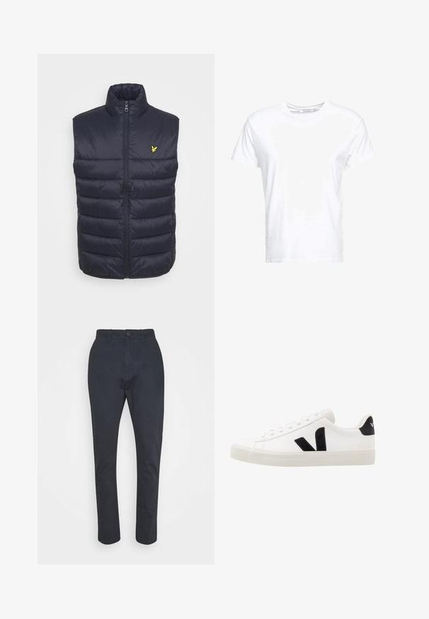 Chaleco acolchado azul marino con un cuello alto, cremallera delantera y costuras horizontales. Presenta un pequeño logo amarillo en la parte izquierda del pecho.; Camiseta de algodón blanca con cuello redondo y mangas cortas, con un corte clásico y una textura suave. Sin patrones ni elementos metálicos visibles.; Pantalones ajustados azul marino hechos de material de algodón ligero; presenta un cierre de botón y un diseño estándar de cinco bolsillos.; Zapatilla de cuero blanca con acentos de ante negro; presenta una suela de goma, puntera redonda y un diseño clásico de cordones. Logo lateral en negro.