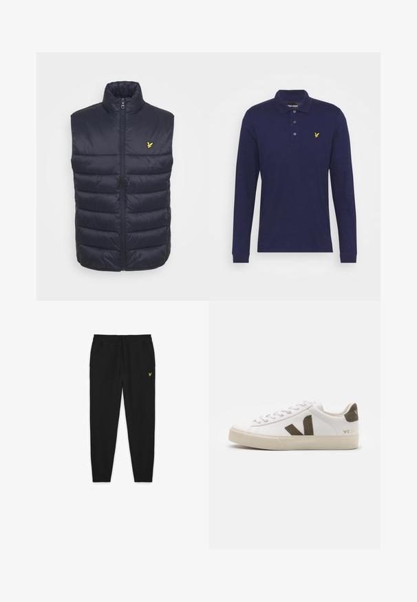 Marineblå polstret vest med høj krave, frontlynlås og vandret syninger. Har et lille gult logo på venstre brystområde.; Marine langærmet polo t-shirt lavet af bomuld, med en to-knaps placket, ribbede manchetter og et lille gult broderet logo på brystet.; Sorte joggingbukser lavet af blødt stof, med elastisk talje og snøre, ribbet kant og et lille gult logo på siden.; Hvide læder sneakers med en lys beige gummisål. Har en brun ruskinds V-logo og hælflap. Snørret lukning med en struktureret overflade.