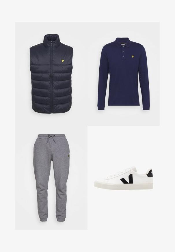 Marineblå polstret vest med høj krave, frontlynlås og vandret syninger. Har et lille gult logo på venstre brystområde.; Marine langærmet polo t-shirt lavet af bomuld, med en to-knaps placket, ribbede manchetter og et lille gult broderet logo på brystet.; Grå bomulds sweatpants med elastisk talje, snøre, sidelommer og et lille gult logo på låret. Tapered ben design.; Hvide lædersneakers med sorte ruskindsdetaljer; har en gummisål, rund tå og klassisk snørebåndsdesign. Side logo i sort.