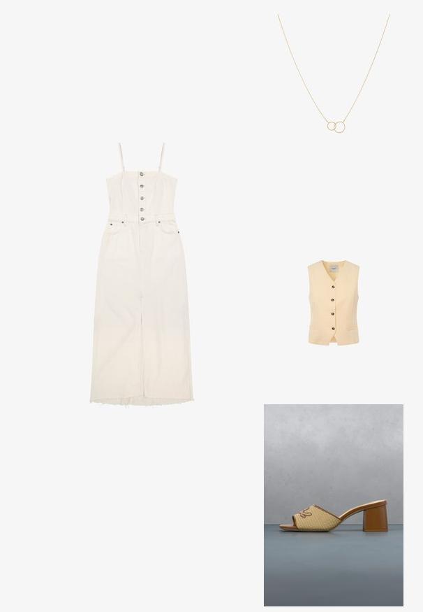 Chaleco amarillo claro con escote en V, cinco botones oscuros y dos bolsillos frontales. Fabricado en una tela suave con un corte ajustado.; Vestido midi blanco sin mangas con tirantes finos, botones metálicos en la parte delantera, presillas para cinturón, bolsillos delanteros y dobladillo deshilachado.; Sandalia mule de tacón marrón con tira tejida y bordado "Karl", colocada sobre baldosas de madera con planta verde y fondo de pared de piedra.; Collar de oro con dos colgantes circulares entrelazados en una fina cadena. Textura suave con un diseño minimalista.