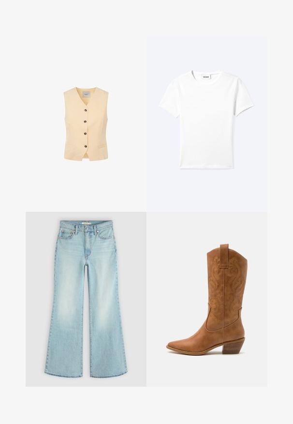 Chaleco amarillo claro con escote en V, cinco botones oscuros y dos bolsillos frontales. Fabricado en una tela suave con un corte ajustado.; Camiseta blanca lisa de manga corta con cuello redondo y una pequeña etiqueta "WEEKDAY" dentro del cuello, mostrada extendida sobre un fondo claro.; Vaqueros de mezclilla azul claro de cintura alta con cierre de botón y cremallera, bolsillos delanteros y traseros y piernas anchas acampanadas.; Bota de vaquero de cuero marrón claro con punta afilada, patrones de espiral bordados en el tubo y un tacón bloque apilado. Cuenta con una pestaña de agarre para facilitar su uso.