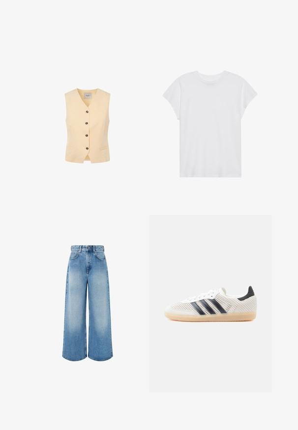 Lichtgele vest met een V-hals, vijf donkere knopen en twee voorkantzakken. Gemaakt van een soepele stof met een getailleerde pasvorm.; Witte t-shirt met korte mouwen, ronde hals, relaxte pasvorm, gemaakt van zacht katoen. Glad textuur, geen patronen of logo's.; Lichtblauwe wijde jeans van denim, met een hoge taille, knoopsluiting en subtiele vervagingen met schone zoomranden.; Witte sneakers van mesh met een zwart ontwerp van drie strepen, een ronde neus en een rubberen gumzool. Voorzien van een zachte hielkraag en een vetersluiting.