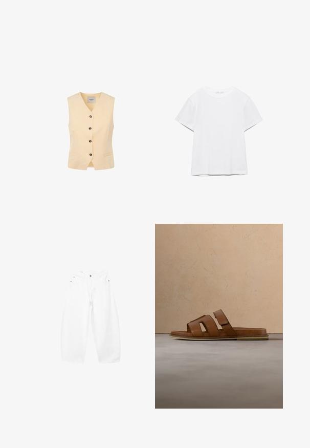 Lys gul vest med V-udskæring, fem mørke knapper og to frontlommer. Fremstillet af et glat stof med en skræddersyet pasform.; Hvid, kortærmet T-shirt med rund hals og lige kant, vist på en hvid baggrund.; Hvide, brede bomuldsjeans med knap- og lynlåslukning foran, bæltestropper og femlomme-design.; Brun lædersandal med tre remme, flad sål, diskrete syningsdetaljer og en rundet tå. Svæver over en struktureret beige overflade.