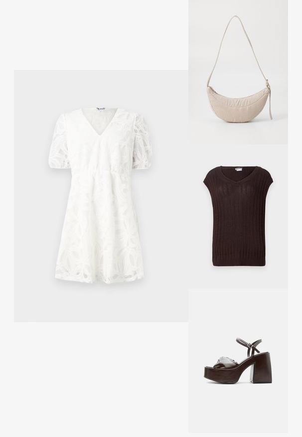 Pull en maille côtelée marron avec un col en V et des manches courtes. Présente un tissu texturé et une coupe droite à la taille. Étiquette de marque visible.; Robe blanche avec un décolleté en V, des manches bouffantes et des détails en dentelle florale délicate. La taille élastique et la jupe évasée mettent en valeur sa texture légère.; Sandale plateforme en cuir marron foncé avec talon bloc épais, bout ouvert et bride réglable à la cheville avec boucle métallique.; Sac en tissu crème, côtelé, de forme courbe, avec une fermeture éclair et une fine bandoulière réglable. Texture douce et design minimaliste.