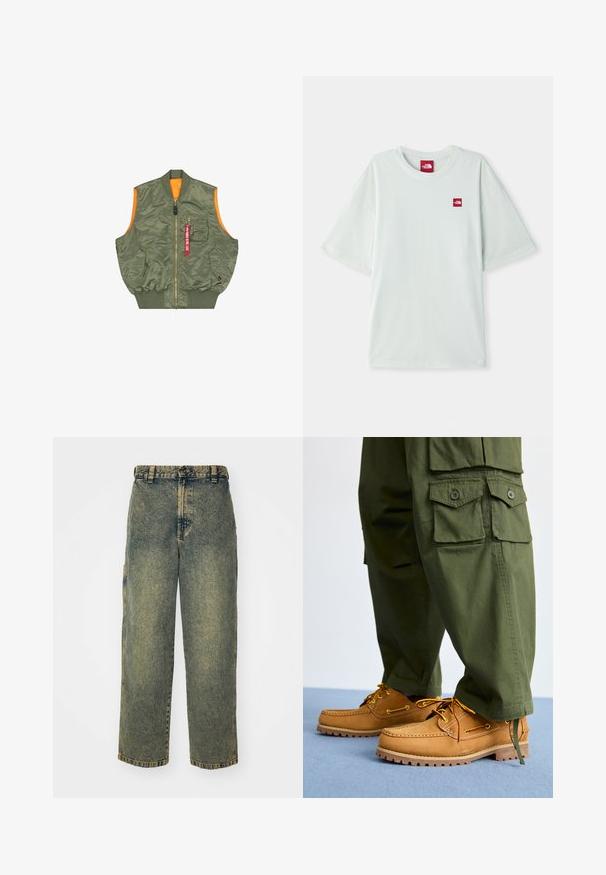 Mouwloze olijfgroene bomberjack-vest met voorrits, twee drukknoopzakken, borstzak met rits en rode "Remove Before Flight" tag.; Lichtgroene T-shirt met korte mouwen van zachte katoen, voorzien van een klein rood logo label op de linker borst. Ontspannen pasvorm en ronde halslijn.; Baggy denim jeans in een vervaagde blauwe en groene was. Heeft een knoopsluiting, riemlussen en zijzakken. Vlakke voorkant en rechte pijpen.; Timberland AUTHENTIC 3 EYE - Bootschoenen - wheat