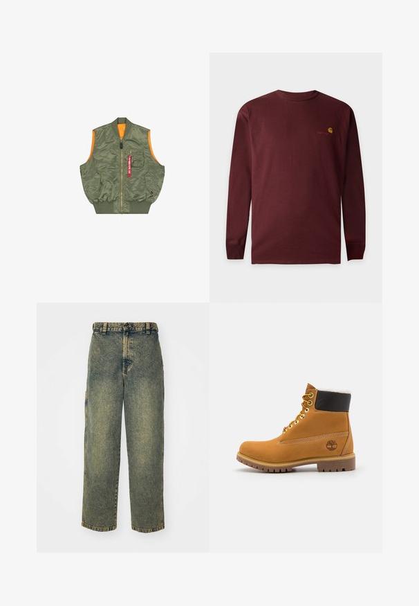 Mouwloze olijfgroene bomberjack-vest met voorrits, twee drukknoopzakken, borstzak met rits en rode "Remove Before Flight" tag.; Donkerrood shirt met lange mouwen en een ronde hals, met het Carhartt-logo in geel en rood geborduurd op de bovenste linkerborst.; Baggy denim jeans in een vervaagde blauwe en groene was. Heeft een knoopsluiting, riemlussen en zijzakken. Vlakke voorkant en rechte pijpen.; Bruine leren enkellaars met metalen oogjes, witte faux bont voering, zwarte gewatteerde kraag, robuuste zool en een reliëflogo aan de zijkant.