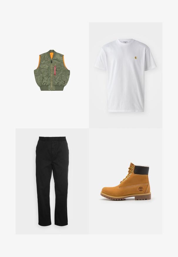 Mouwloze olijfgroene bomberjack-vest met voorrits, twee drukknoopzakken, borstzak met rits en rode "Remove Before Flight" tag.; Witte katoenen t-shirt met korte mouwen en ronde hals, voorzien van een klein gouden logo op de linkerkant van de borst. Zachte textuur en een normale pasvorm.; Zwarte katoenen broeken met een elastische tailleband, rechte pijpen en zijzakken. Zachte textuur zonder patronen of accenten.; Bruine leren enkellaars met metalen oogjes, witte faux bont voering, zwarte gewatteerde kraag, robuuste zool en een reliëflogo aan de zijkant.