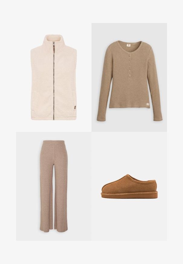 Gilet en polaire de couleur crème avec un col haut, fermeture éclair sur le devant et poches latérales. Présente une surface douce et texturée avec un accent en cuir marron.; Chemise henley beige à manches longues en maille gaufrée avec encolure ronde et patte de boutonnage à cinq boutons, présentée à plat sur fond blanc.; Pantalons larges en beige à côtes avec une taille haute et une texture douce, présentant une coupe loose et sans fermetures visibles.; Chausson en suede marron avec un bout arrondi, un dos bas et une tige texturée. Il présente une couture et une semelle en caoutchouc plate pour un usage intérieur.