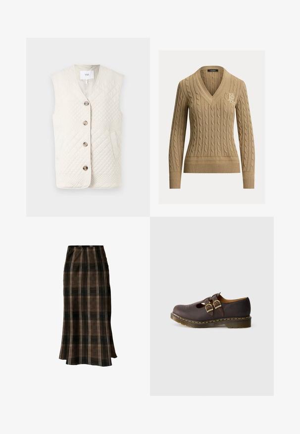 Chaleco acolchado sin mangas en blanco roto con escote en V, cinco botones y dos bolsillos laterales con una superficie texturizada.; Jersey beige de punto de cable, con cuello en V, puños y bajo acanalados, y logo "RL" bordado en el pecho izquierdo.; Falda midi de cuadros marrón y negro con silueta recta y dobladillo ligeramente acampanado sobre fondo blanco.; Zapato de cuero marrón oscuro con correas de doble hebilla, diseño de punta perforada y suela gruesa translúcida con costuras amarillas.