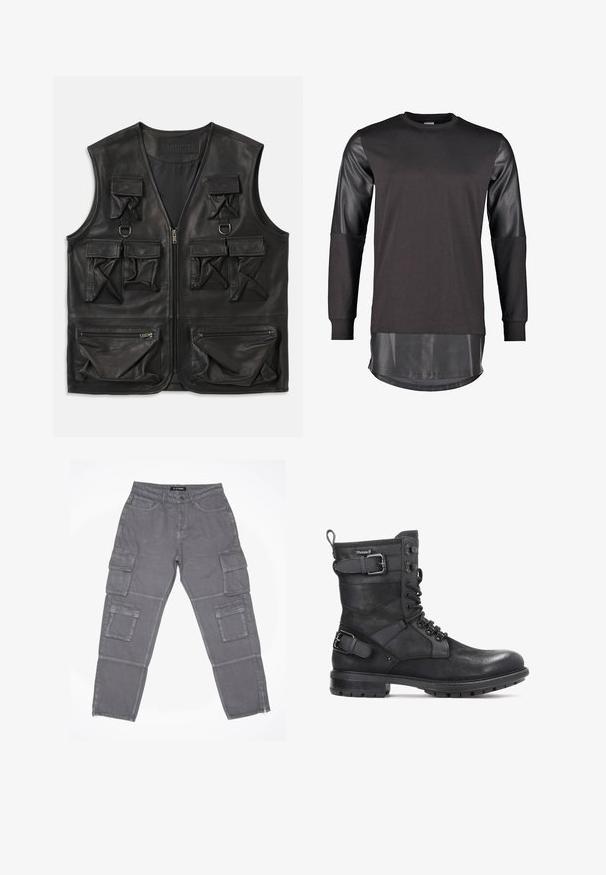 Schwarze Lederweste mit mehreren Klappen- und Reißverschlusstaschen, Reißverschluss vorne und D-Ring-Details auf der oberen Brust.; Schwarzer Sweatshirt mit Lederrändern und einem längeren, glänzenden schwarzen Saum. Verfügt über einen runden Ausschnitt und eine lockere Passform. Insgesamt glatte Textur.; Graue Cargo-Hosen aus leicht strukturiertem Stoff, mit mehreren Seitentaschen, einem Reißverschluss am Saum und einem Knopfverschluss an der Taille.; Kazar HEARD - Cowboy-/Bikerstiefelette - black