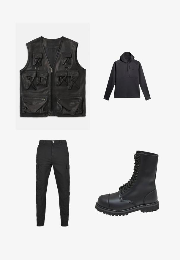 Schwarze Lederweste mit mehreren Klappen- und Reißverschlusstaschen, Reißverschluss vorne und D-Ring-Details auf der oberen Brust.; Schwarzer Pullover mit Kapuze, ausgestattet mit einem Viertel-Reißverschluss auf der Vorderseite, Raglanärmeln und einer mit Reißverschluss versehenen Brusttasche; glatte Textur und sportliches Design.; Schwarze Cargo-Hosen aus strapazierfähigem Stoff. Verfügt über mehrere Seitentaschen, einen Knopfverschluss und ein tailliertes Bein-Design. Flacher Frontschnitt, keine Muster.; Schwarze Lederkampfstiefel mit hohem Schaft, Schnürung an der Vorderseite, gepolstertem Kragen und rutschfester, strukturierter Sohle für guten Halt. Mit verstärkter Zehenkappe.