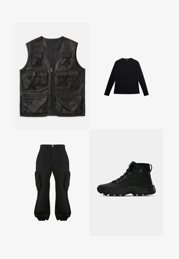 Zwarte leren vest met meerdere klep- en ritszakken, ritsluiting aan de voorkant en D-ringdetails op de bovenborst.; Zwart langslijks T-shirt van gladde stof, met een ronde hals en een subtiele logo op de voorkant, met een relaxte pasvorm.; Zwarte cargobroek met een relaxte pasvorm, voorzien van twee zijvakjes, elastische boorden bij de enkels en een knoopsluiting in de taille.; Zwarte hoge sport sneakers met een gestructureerde synthetische bovenkant, voorzien van metalen oogjes, zwarte veters en een rubberen zool met patroon voor grip.