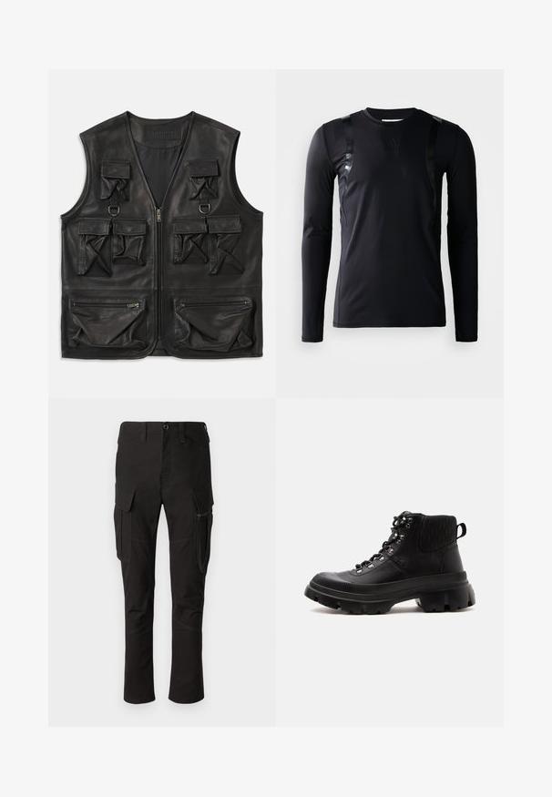 Schwarze Lederweste mit mehreren Klappen- und Reißverschlusstaschen, Reißverschluss vorne und D-Ring-Details auf der oberen Brust.; Schwarzes, langärmliges Sportshirt aus glattem, dehnbarem Stoff. Verfügt über glänzende schwarze Akzente an den Schultern und ein Adidas-Logo auf der Brust.; Schwarze Cargo-Hosen mit mehreren Taschen, einem seitlichen Reißverschlussfach und verstärkten Nähten, mit einem geraden Beinschnitt und strapazierfähigem Stoff.; Schwarzer Lederknöchel-Stiefel mit dicker profillierter Sohle, Metallösen, gepolstertem Kragen mit strukturiertem Muster und Zuglasche hinten.