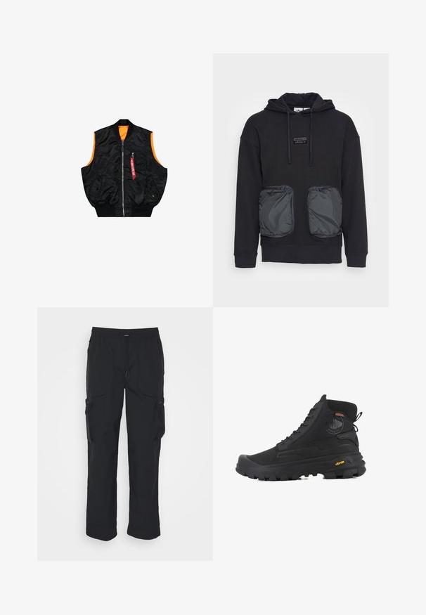 Zwarte bombervest met een oranje binnenkant, ritssluiting, zijzakken en een klein zakje met rode labeldetails. Gladde, glanzende stof.; Zwarte hoodie met een ontspannen pasvorm, voorzien van twee grote met rits afsluitbare zakken van glanzend materiaal aan de voorkant. Klein logo-patch boven de zakken.; Zwarte cargobroek van geweven stof. Voorzien van een verstelbare tailleband, zijzakken en twee utilityzakken met ritsen.; Zwarte hoge laarzen met een gestructureerd oppervlak, voorzien van een waterdicht ontwerp, vetersysteem en een opvallende rubberen zool met Vibram-merktekens.
