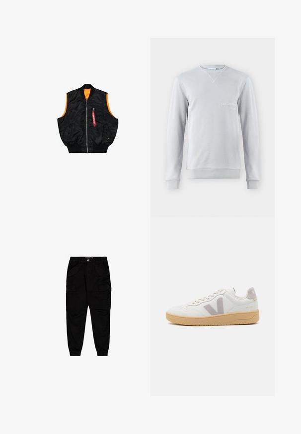Sort bombervest med orange inderside, lynlås lukning, sidelommer og en lille lomme med rød mærke detaljer. Glat, skinnende stof.; Lys grå sweatshirt, blanding af bomuld, rund hals, ribbet detaljer ved krave og manchetter, har broderet tekst "SAN BERNARD CALIF." foran.; Sorte cargobukser lavet af bomuld, med to forlommer og to side cargolommer, samt elastiske manchetter og talje.; Hvide lædersneakers med grå ruskindsdetaljer, snørebånds lukning, perforeret tå og beige gummisål. Har branding på hælen.