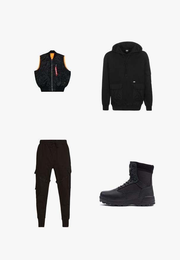 Gilet bomber noir avec une doublure orange, fermeture éclair, poches latérales et une petite poche avec un détail d'étiquette rouge. Tissu lisse et brillant.; Hoodie noir en tissu doux, avec une capuche à cordon de serrage, des poches avant et un patch logo sur la partie gauche de la poitrine.; Pantalons cargo noirs avec taille élastique à cordon, poches latérales et accents texturés sur les poches cargo et les sangles. Poignets ajustés aux chevilles.; Botte tactique noire avec une tige en cuir lisse et des panneaux en tissu, design montante, fermeture à lacets à l'avant et semelle en caoutchouc robuste.