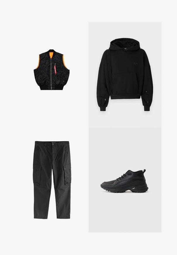 Zwarte bombervest met een oranje binnenkant, ritssluiting, zijzakken en een klein zakje met rode labeldetails. Gladde, glanzende stof.; Zwarte crop hoodie met een trekkoordkap, voorzak en unieke zijdelingse details. Voorzien van geribde manchetten en knopen bij de mouwen.; Zwarte cargobroek met ritssluitingen op de voorzakken, knoopsluitingen op de zijflapzakken en riemlussen, weergegeven tegen een witte achtergrond.; Zwarte sportschoenen gemaakt van synthetisch materiaal. Voorzien van een gevoerde kraag, ronde neus, stevige buitenzool met grip en merkembleem.
