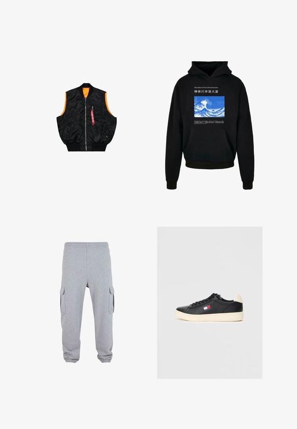 Must must vest must töötlusega oranž sisemus, tõmblukuga sulgemine, küljetaskud ja väike tasku punase sildiga detailiga. Sile, läikiv kangas.; Must mustaga, millel on eesmine tasku. Omab sinise ja valge laine graafikat koos tekstiga üle ja all. Valmistatud pehmest kangast, soonikkoes varrukad ja ääre.; Hallid hallid dressipüksid pehmest kangast, millel on kaks külgmist cargo-taskut, painduva vöökoha ja painduva mansetiga pahkluudel.; Must musta ketsid, millel on ümar nina, kreemivärvi põhja ja külje peal väike logo silt punases, valges ja sinises värvis. Pehme beeži värvi kand.