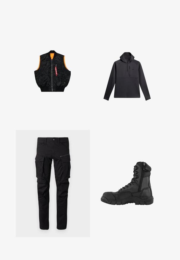 Zwarte bombervest met een oranje binnenkant, ritssluiting, zijzakken en een klein zakje met rode labeldetails. Gladde, glanzende stof.; Zwarte trui met een capuchon, voorzien van een kwart-rits aan de voorkant, raglanmouwen en een ritsvak op de borst; gladde textuur en atletisch ontwerp.; Zwarte cargobroek gemaakt van duurzaam materiaal, met meerdere zijzakken, een ritszak, taps toelopende benen en versterkte stiksels.; Zwarte tactische laars met een hoge enkeldesign, leren bovenkant, voorbescherming met veters, zijrits, versterkte neus en robuuste rubberen zool.