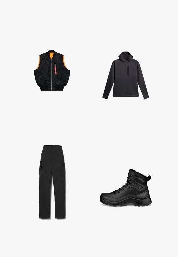 Zwarte bombervest met een oranje binnenkant, ritssluiting, zijzakken en een klein zakje met rode labeldetails. Gladde, glanzende stof.; Zwarte trui met een capuchon, voorzien van een kwart-rits aan de voorkant, raglanmouwen en een ritsvak op de borst; gladde textuur en atletisch ontwerp.; Zwarte cargobroek met een rechte snit, gemaakt van lichtgewicht stof, met twee zijzakken en twee cargozakken op de dijen.; Zwarte hoge wandelschoen met gevoerde enkel, veterhaken, robuuste zool en treklus bij de hiel, ontworpen voor buitengebruik en koud weer.