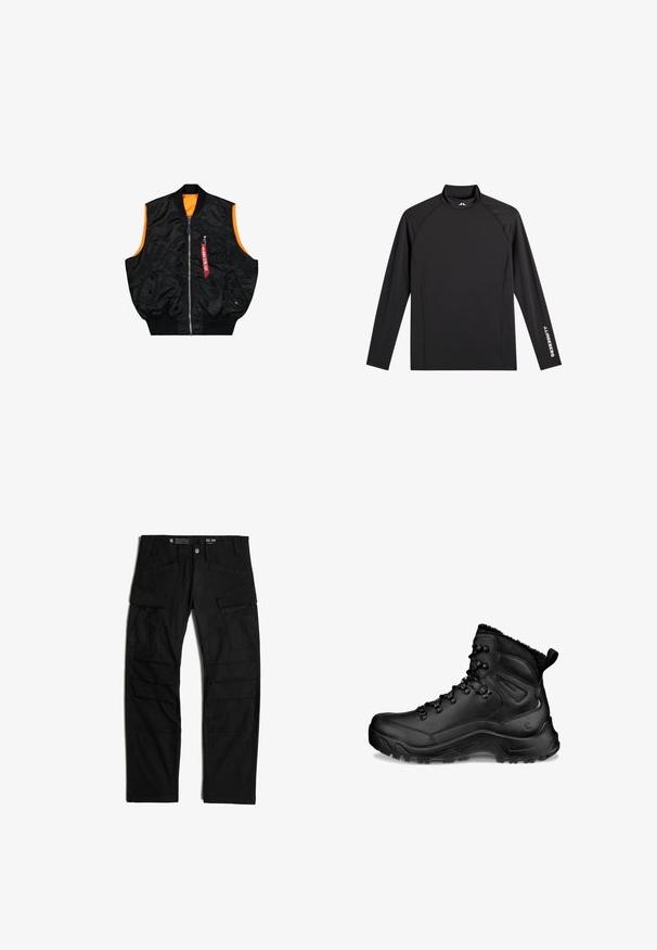 Zwarte bombervest met een oranje binnenkant, ritssluiting, zijzakken en een klein zakje met rode labeldetails. Gladde, glanzende stof.; Zwart sporttopje met lange mouwen, opstaande kraag, slim fit en witte "J.Lindeberg"-logo op linkerarm en kraag.; Zwarte cargo broek gemaakt van duurzaam materiaal, met meerdere zakken, een relaxte pasvorm en een middelhoge taille. Maatlabel 32x34 zichtbaar.; Zwarte hoge wandelschoen met gevoerde enkel, veterhaken, robuuste zool en treklus bij de hiel, ontworpen voor buitengebruik en koud weer.