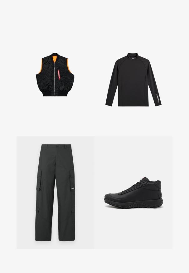 Zwarte bombervest met een oranje binnenkant, ritssluiting, zijzakken en een klein zakje met rode labeldetails. Gladde, glanzende stof.; Zwart sporttopje met lange mouwen, opstaande kraag, slim fit en witte "J.Lindeberg"-logo op linkerarm en kraag.; Zwarte cargo broek met rechte pijpen, zijflapzakken, knoopsluiting, riemlussen en een klein wit logo op de flap van de rechterzak.; Zwarte high-top sneakers van gestructureerd leer, voorzien van een dikke rubberen zool met grippatronen en een vetersluiting. Rode accenten op de tong.