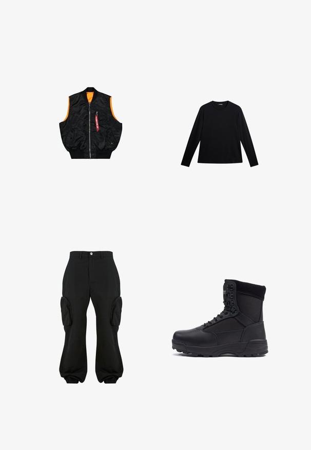 Zwarte bombervest met een oranje binnenkant, ritssluiting, zijzakken en een klein zakje met rode labeldetails. Gladde, glanzende stof.; Zwart langslijks T-shirt van gladde stof, met een ronde hals en een subtiele logo op de voorkant, met een relaxte pasvorm.; Zwarte cargobroek met een relaxte pasvorm, voorzien van twee zijvakjes, elastische boorden bij de enkels en een knoopsluiting in de taille.; Zwarte tactical boot met een gladlederen bovenkant en stofpanelen, hoge enkelontwerp, vetersluiting aan de voorkant en robuuste rubberen zool.