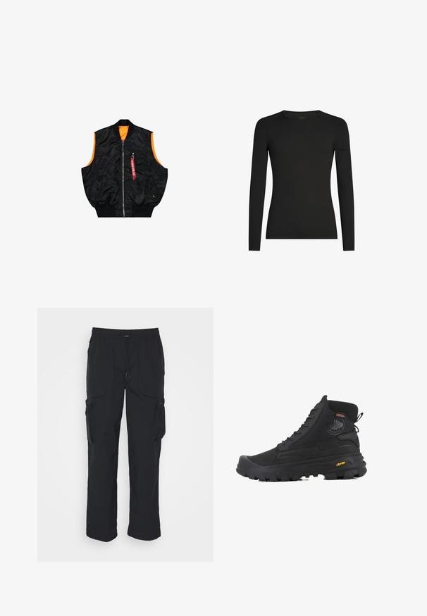 Sort bombervest med orange inderside, lynlås lukning, sidelommer og en lille lomme med rød mærke detaljer. Glat, skinnende stof.; Sort, tætsiddende langærmet T-shirt med rund hals og et diskret Icebreaker-logo på venstre ærme, vist på en hvid baggrund.; Sorte cargo-bukser lavet af vævet stof. Har justerbar talje, sidelommer og to værktøjslommer med lynlås.; Sorte høj-top støvler med en tekstureret overflade, der har et vandtæt design, snøresystem og en markant gummisål med Vibram-branding.