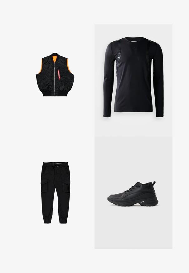 Must must vest must töötlusega oranž sisemus, tõmblukuga sulgemine, küljetaskud ja väike tasku punase sildiga detailiga. Sile, läikiv kangas.; Must have pikkade varrukatega spordipoliis, mis on valmistatud siledast ja venivast kangast. Omab läikivaid musti aktsente õlgadel ja Adidas logo rinnal.; Mustad mustad püksid, mis on valmistatud kerge kangaga, elastse vöökoha, nööri ja mitme küljetaskuga ning kitsenevate varrukatega.; Mustad spordijalatsid, mis on valmistatud sünteetilisest materjalist. Omavad pehmet kraega, ümmargust ninaosa, tugevat tallapinda haardega ning brändilogo detaile.