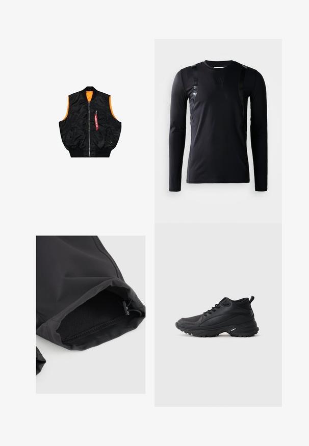 Zwarte bombervest met een oranje binnenkant, ritssluiting, zijzakken en een klein zakje met rode labeldetails. Gladde, glanzende stof.; Zwarte lange-mouwen sportshirt gemaakt van glad, rekbaar materiaal. Kenmerkt zich door glanzende zwarte accenten op de schouders en een Adidas-logo op de borst.; Zwarte stoffen mouw met elastische manchet, met een gladde textuur en subtiele glans. Verstelbaar trekkoord bij de opening voor een goede pasvorm.; Zwarte sportschoenen gemaakt van synthetisch materiaal. Voorzien van een gevoerde kraag, ronde neus, stevige buitenzool met grip en merkembleem.