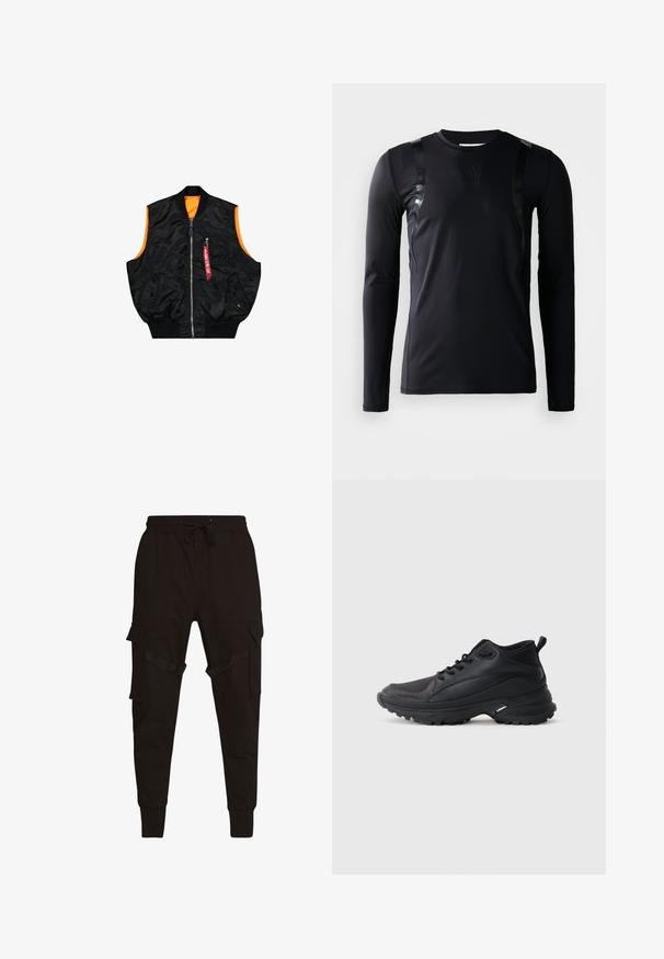 Must must vest must töötlusega oranž sisemus, tõmblukuga sulgemine, küljetaskud ja väike tasku punase sildiga detailiga. Sile, läikiv kangas.; Must have pikkade varrukatega spordipoliis, mis on valmistatud siledast ja venivast kangast. Omab läikivaid musti aktsente õlgadel ja Adidas logo rinnal.; Mustad mustaarad püksid, millel on kinni seotud vöökoht, küljetaskud ja tekstuuriga aktsendid kargo-taskutel ning rihmadel. Jalgealuseid kitsendavad varrukad.; Mustad spordijalatsid, mis on valmistatud sünteetilisest materjalist. Omavad pehmet kraega, ümmargust ninaosa, tugevat tallapinda haardega ning brändilogo detaile.