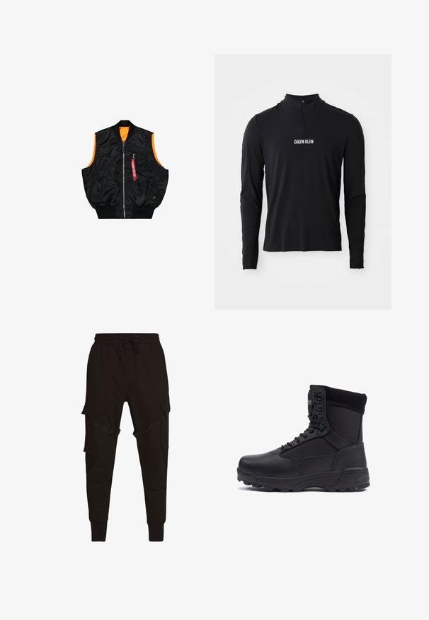 Zwarte bombervest met een oranje binnenkant, ritssluiting, zijzakken en een klein zakje met rode labeldetails. Gladde, glanzende stof.; Zwarte langemouwen top met hoge kraag, voorzien van een kwart ritssluiting en het witte "CALVIN KLEIN" logo aan de voorkant. Soepele, elastische stof.; Zwarte cargobroek met een trekkoord in de taille, zijzakken en textuuraccenten op de cargozakken en riemen. Strakke boorden bij de enkels.; Zwarte tactical boot met een gladlederen bovenkant en stofpanelen, hoge enkelontwerp, vetersluiting aan de voorkant en robuuste rubberen zool.