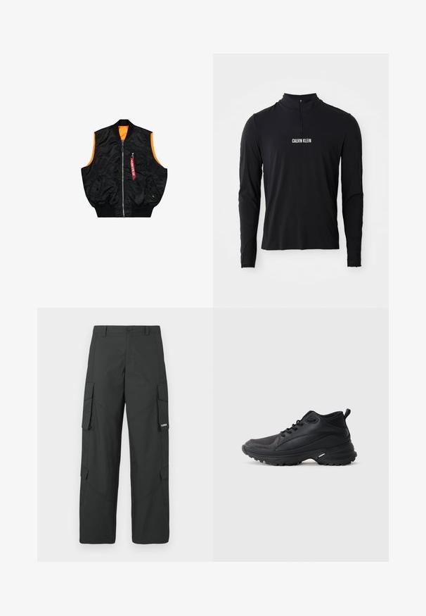 Sort bombervest med orange inderside, lynlås lukning, sidelommer og en lille lomme med rød mærke detaljer. Glat, skinnende stof.; Sort langærmet top med høj krave, der har en kvartlynlås og hvid "CALVIN KLEIN" logo på forsiden. Glat, strækbart stof.; Sorte straight-leg cargo bukser med sidelommer med klap, knaplukning, bæltestropper og et lille hvidt logo på klappen af højre lomme.; Sorte atletikskøjter lavet af syntetisk materiale. Har en polstret krave, rund tå, robust ydersål med godt greb og detaljer med mærkelogo.