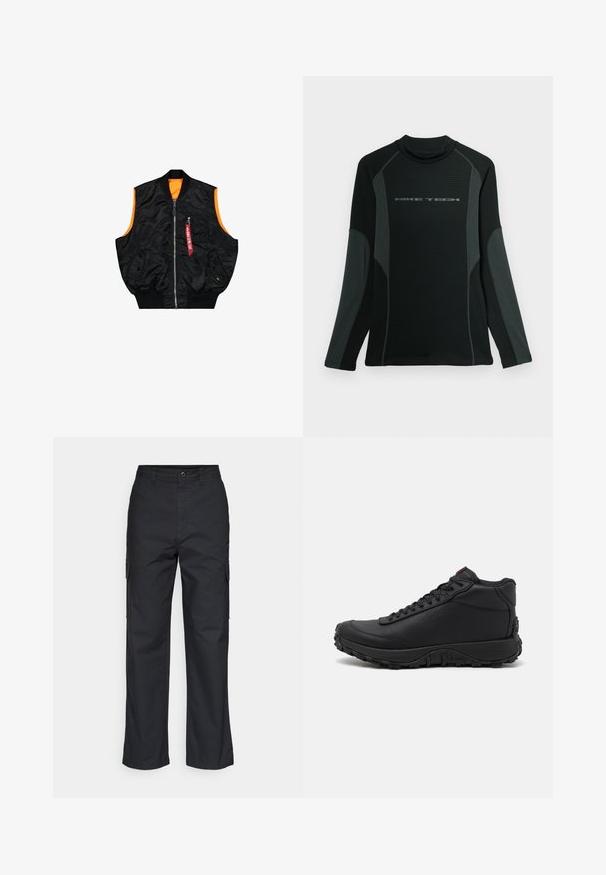 Zwarte bombervest met een oranje binnenkant, ritssluiting, zijzakken en een klein zakje met rode labeldetails. Gladde, glanzende stof.; Zwarte shirt met lange mouwen en hoge kraag, gemaakt van textuurstof. Heeft grijze zijpanelen en het "NIKE TECH" logo op de borst.; Zwarte cargobroek met een rechte pijpdesign, voorzien van zijzakken en een geweven stof. Knopsluiting in de taille voor een veilige pasvorm.; Zwarte high-top sneakers van gestructureerd leer, voorzien van een dikke rubberen zool met grippatronen en een vetersluiting. Rode accenten op de tong.